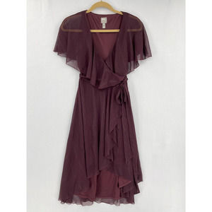 ASOS Women's Size 4 Midi Wrap Dress Purple Metallic Gold Sheer Cape Hi Low Flowy